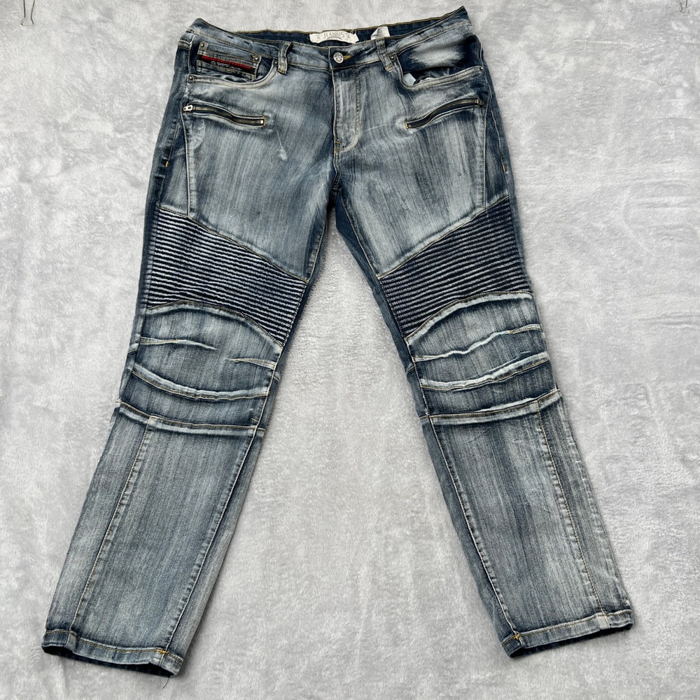 Jeanius Akademiks Moto Biker Jeans Size 36x30 Blue Mens Distressed Streetwear